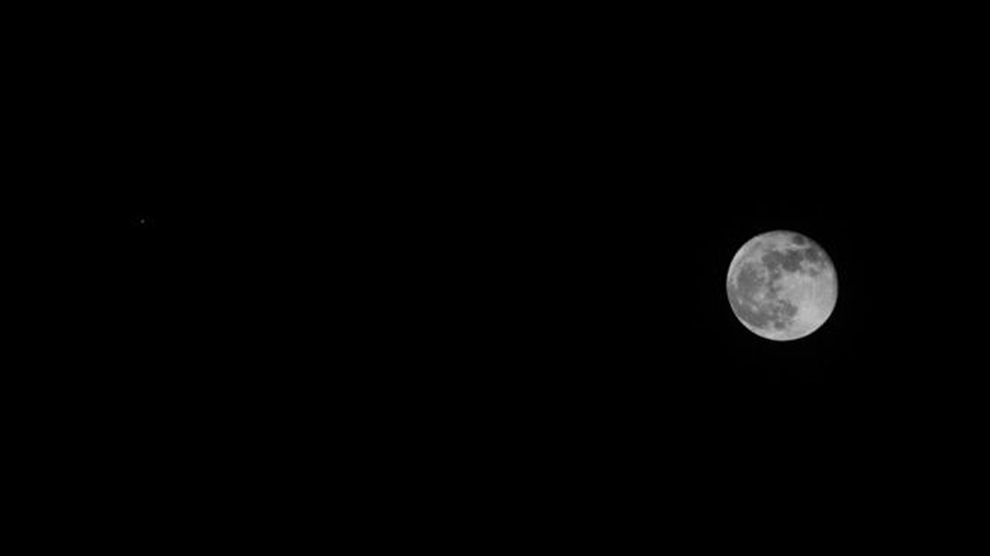 Moon & Jupiter  By Tony Hayes. 23.02.2016.  22.21 UT. Canon EOS-1200D ISO-1600  f/14 - 1/2000 second
